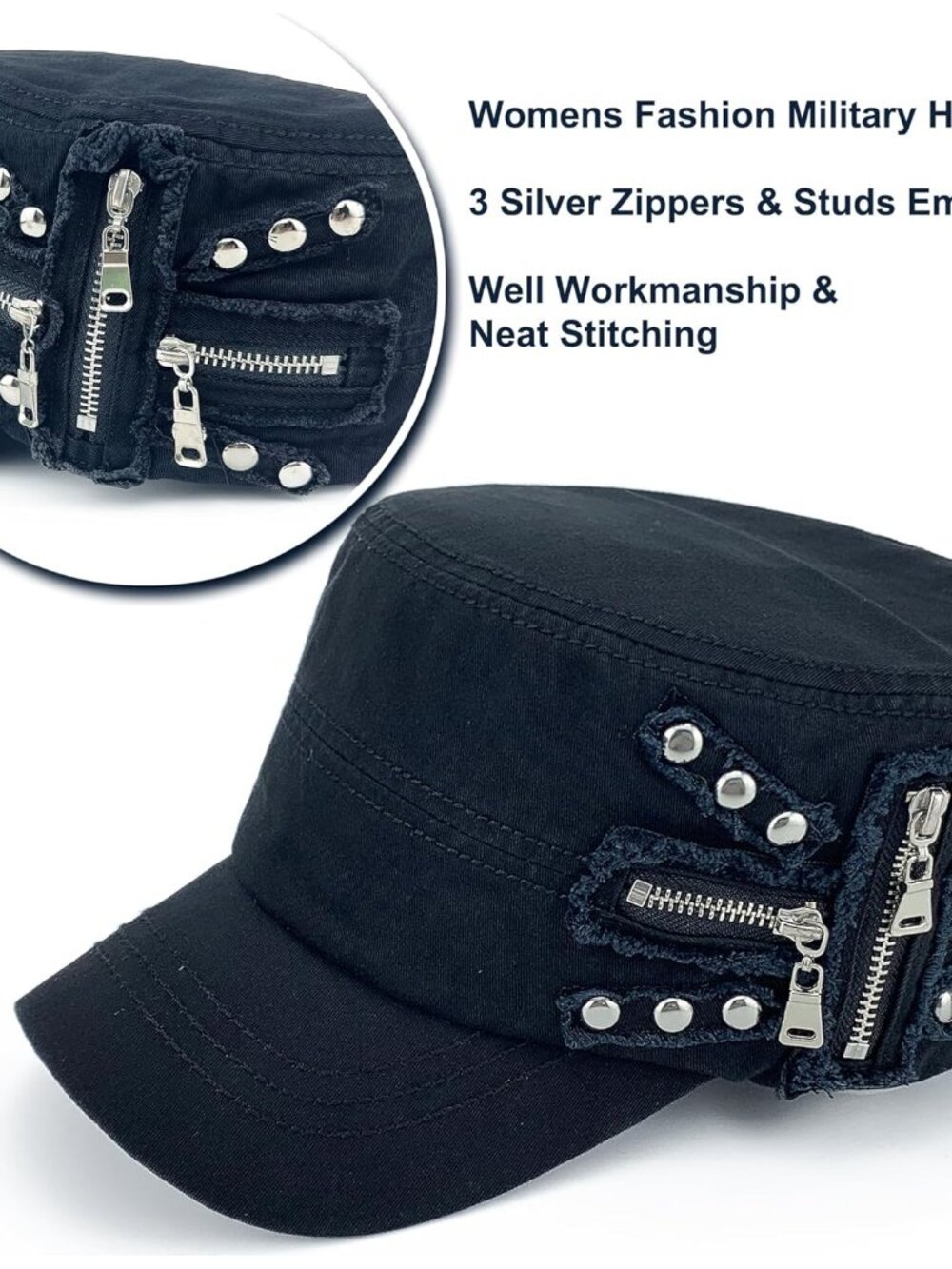 Women Soft Washed Cotton Adjustable Flat Top Military Army Hat Cadet Cap Zip Stu - Picture 3 of 6